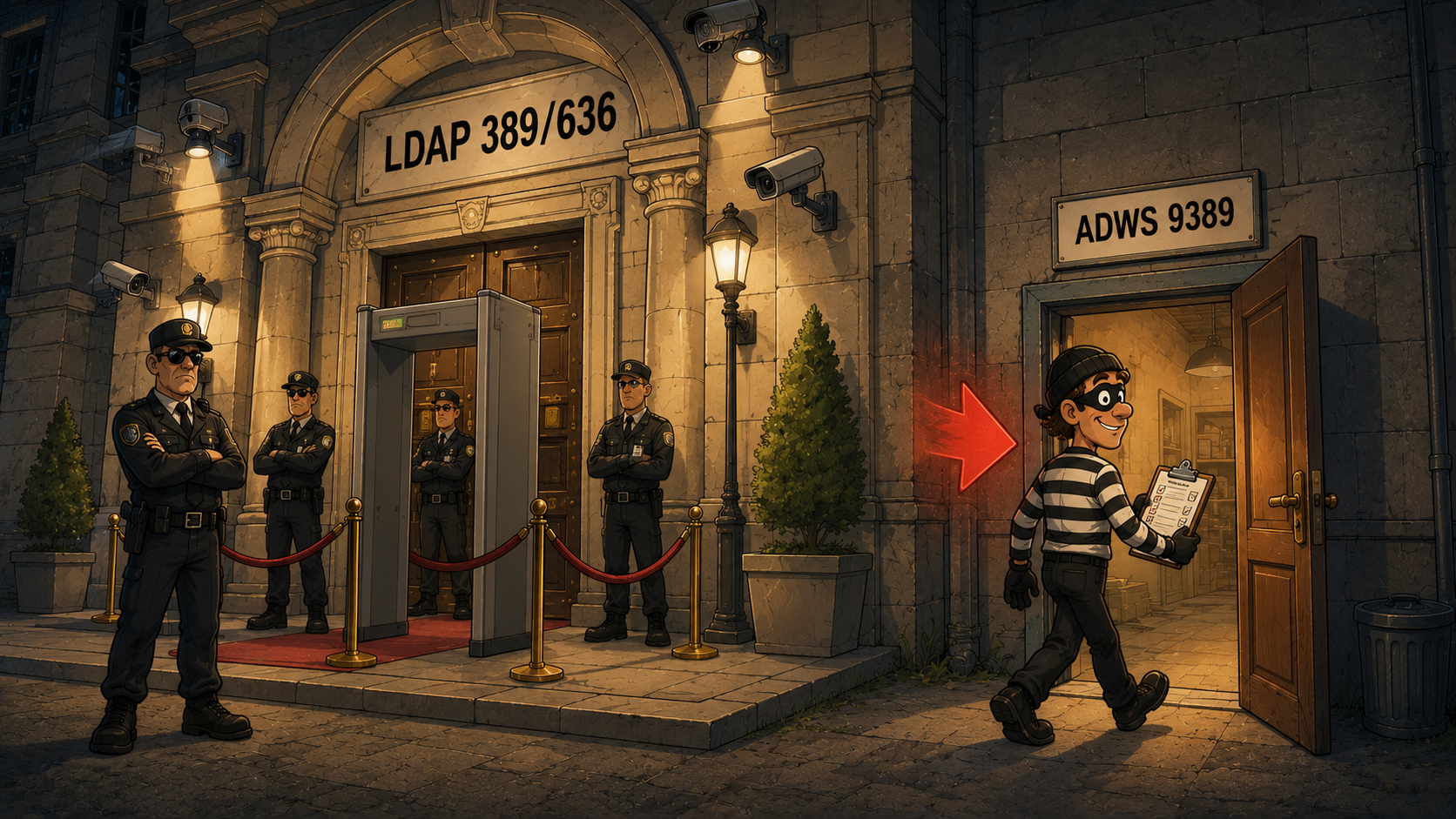 Everyone watches the LDAP 389/636 front door; the ADWS 9389 side door is open and unwatched
