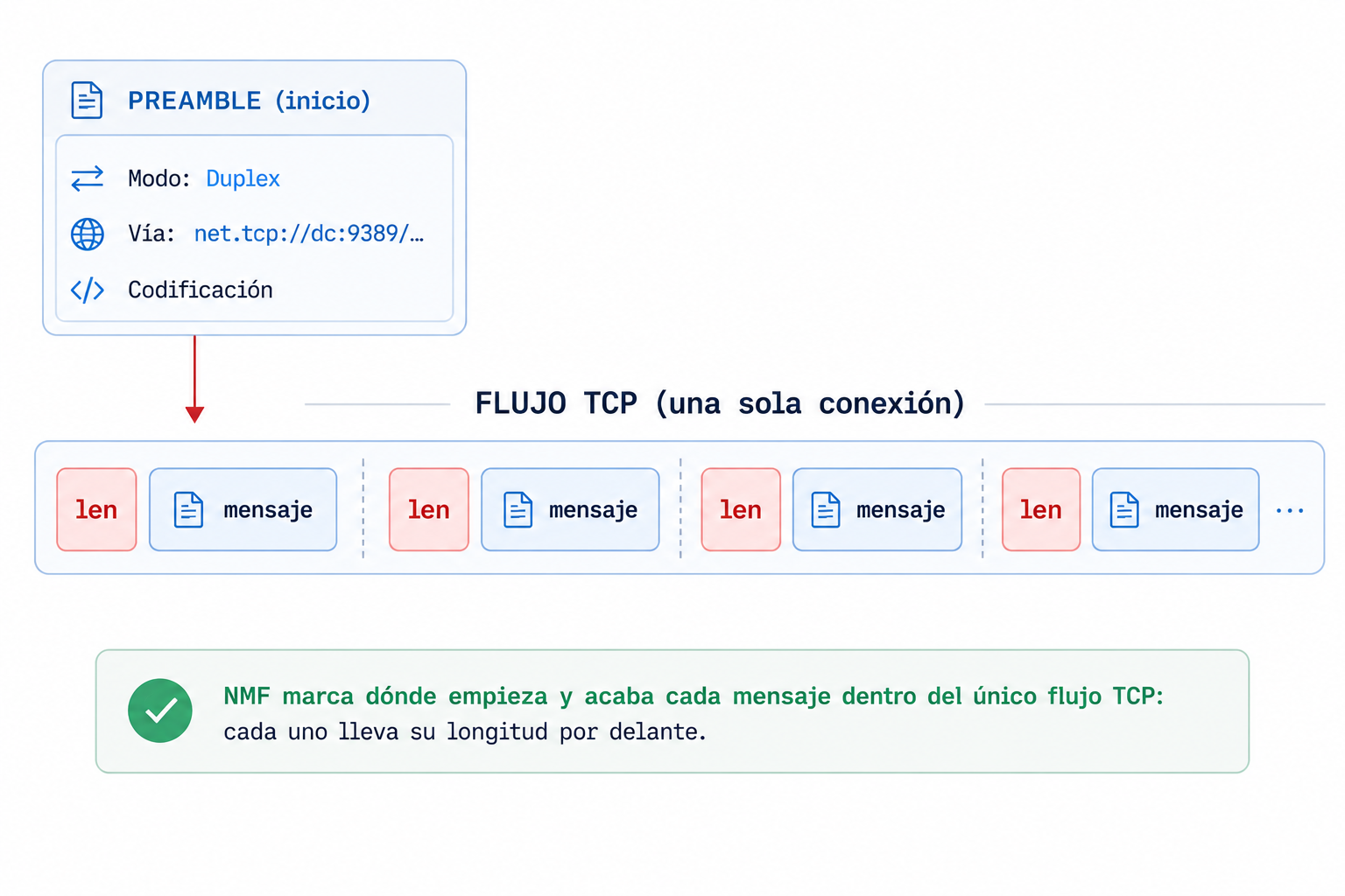 Preamble inicial (modo, via, codificación) y el flujo TCP troceado en mensajes, cada uno precedido por su longitud