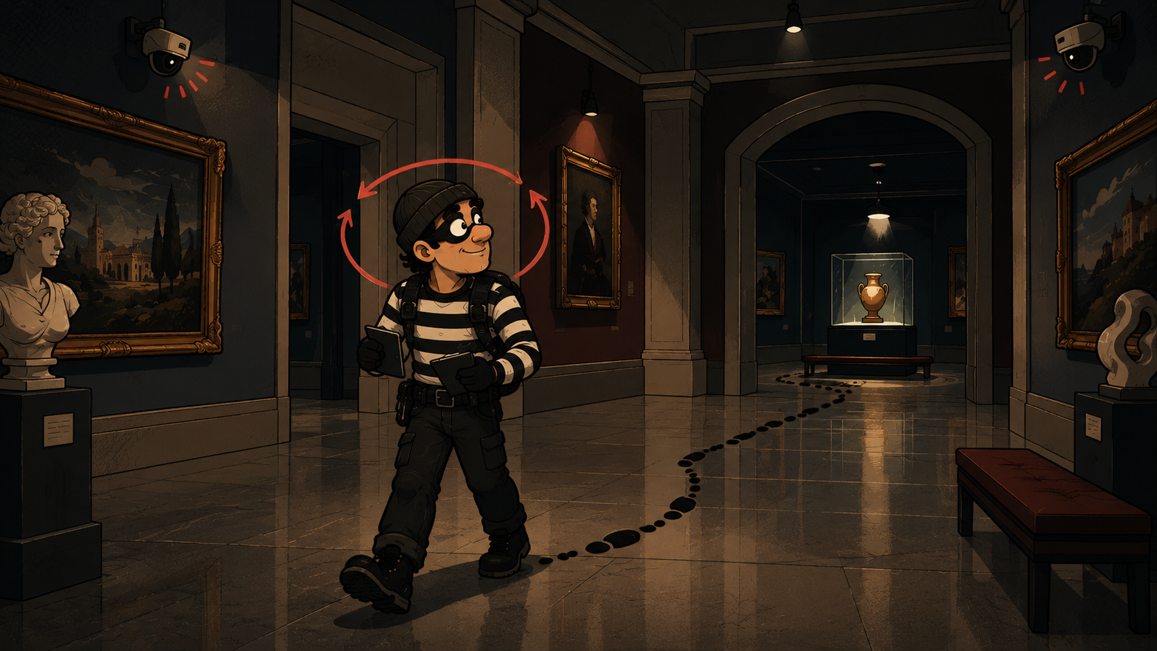 Already inside: the loop of orienting and moving toward the objective while dodging the cameras