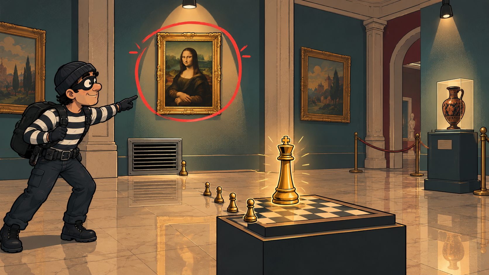 Choosing the objective that matters: the king on the board is the painting to steal, the pawn is initial access