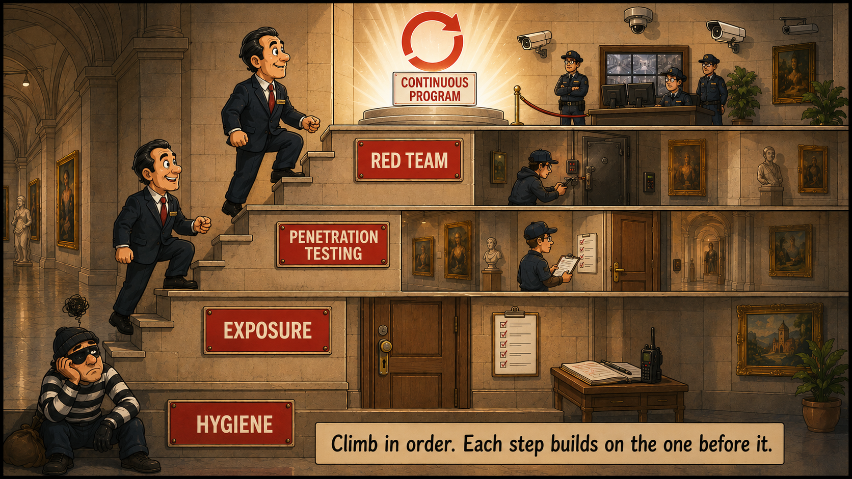 The maturity staircase: hygiene, exposure, pentest and Red Team, and at the top a continuous program. Climb in order, each step assumes the previous one