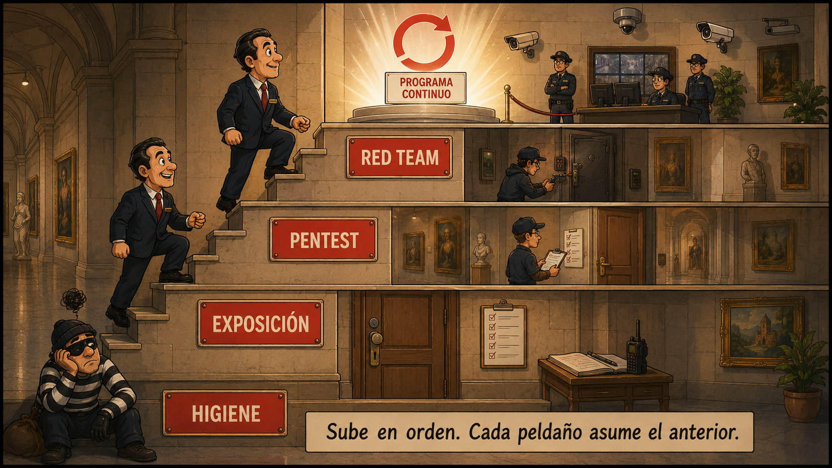 La escalera de madurez: higiene, exposición, pentest y Red Team, y arriba un programa continuo. Sube en orden, cada peldaño asume el anterior