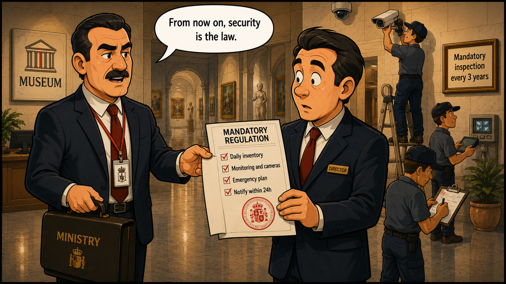 The Ministry hands the museum a mandatory regulation: inventory, cameras, emergency plan, notify within 24h and periodic inspection