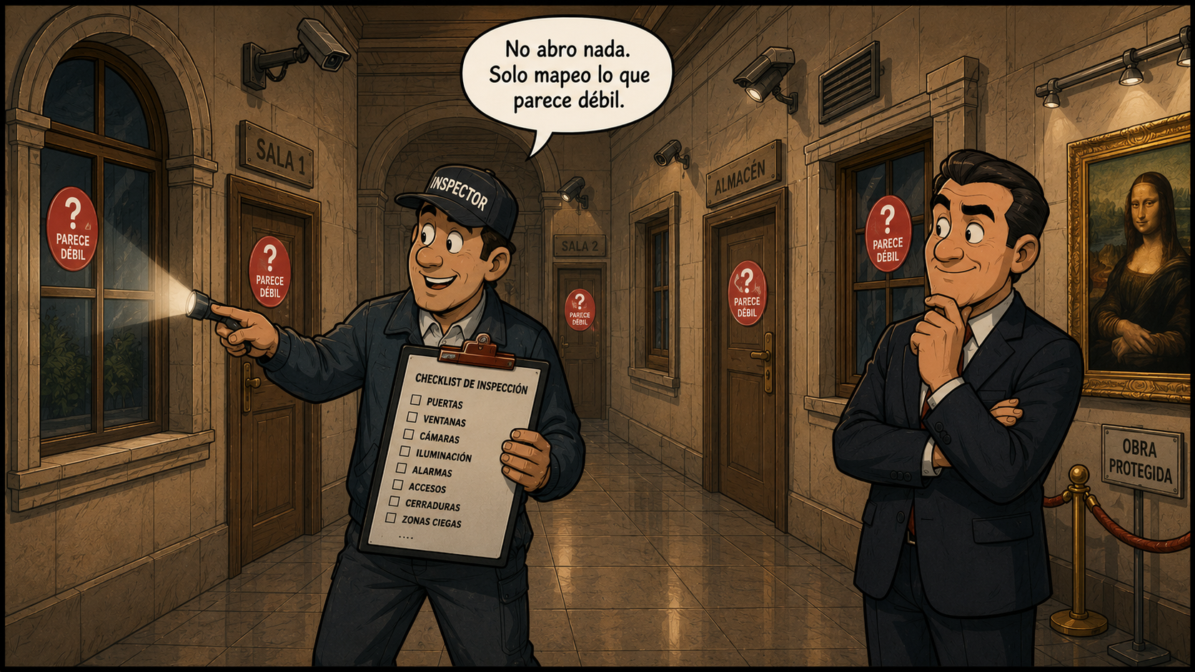 Un inspector mapea puertas y ventanas con una checklist y marca las que parecen débiles, sin abrirlas