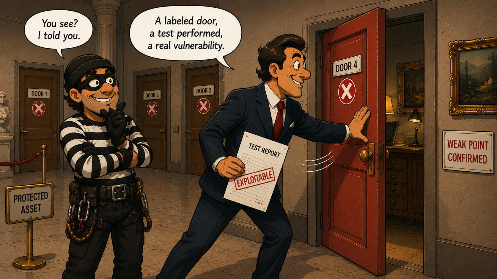 The auditor pushes a flagged door, it opens and confirms it really is exploitable