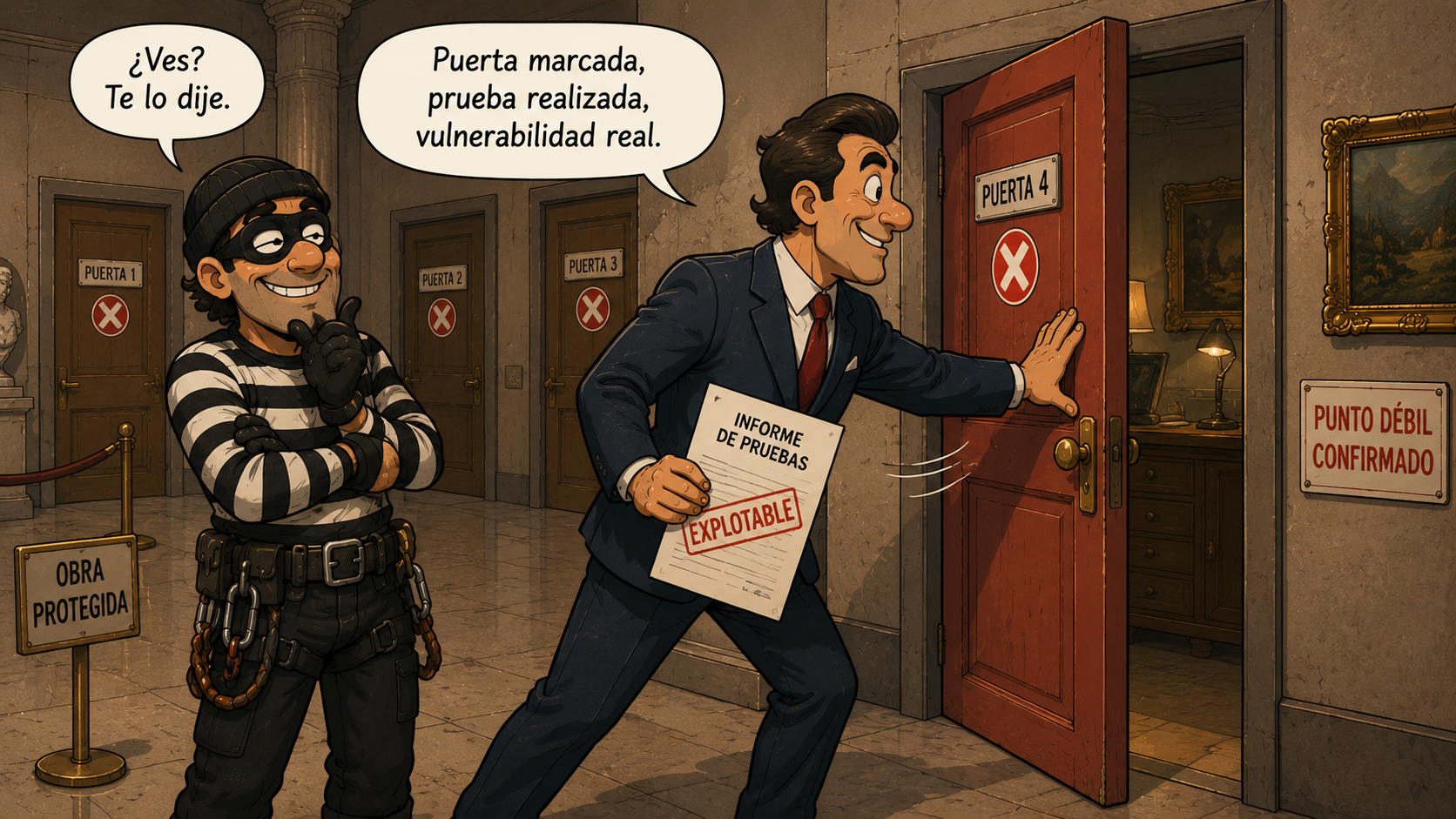 El auditor empuja una puerta marcada, se abre y confirma que es explotable de verdad