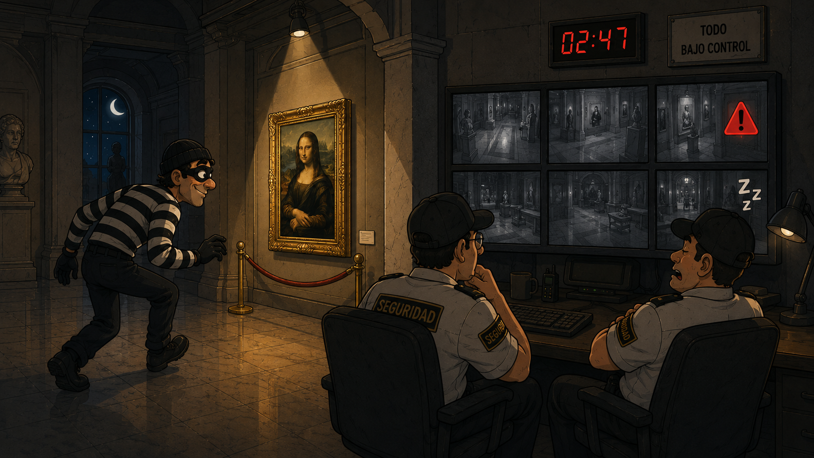 De noche, el ladrón se cuela hacia el cuadro mientras los guardias no se enteran de la alerta