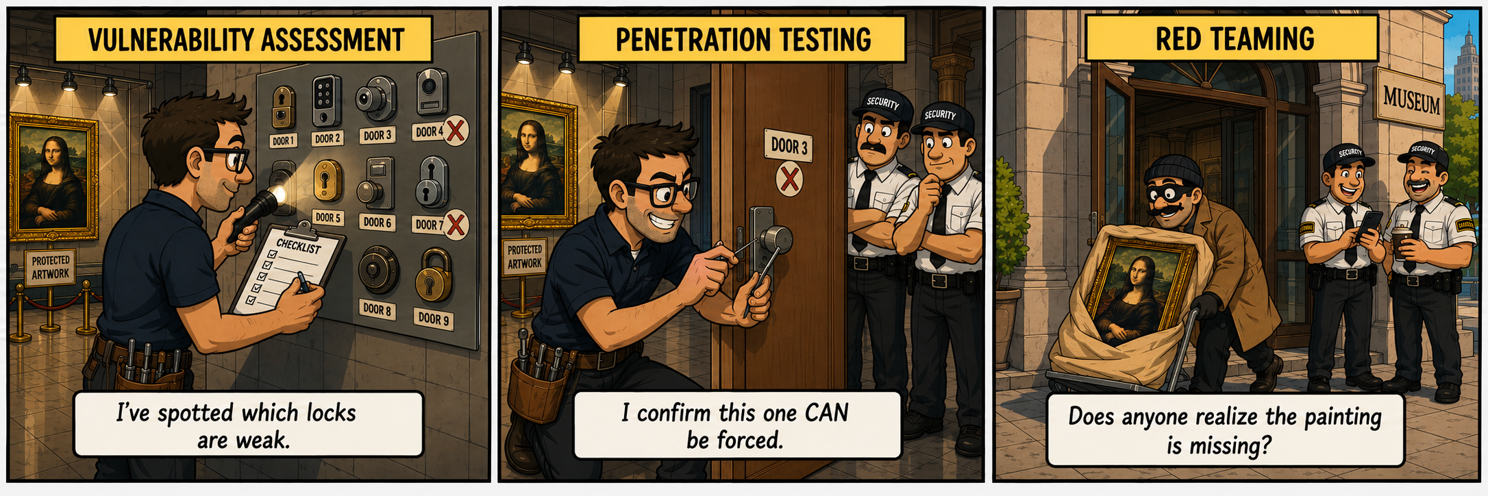 Vulnerability Assessment vs Penetration Testing vs Red Teaming, explained with the museum analogy