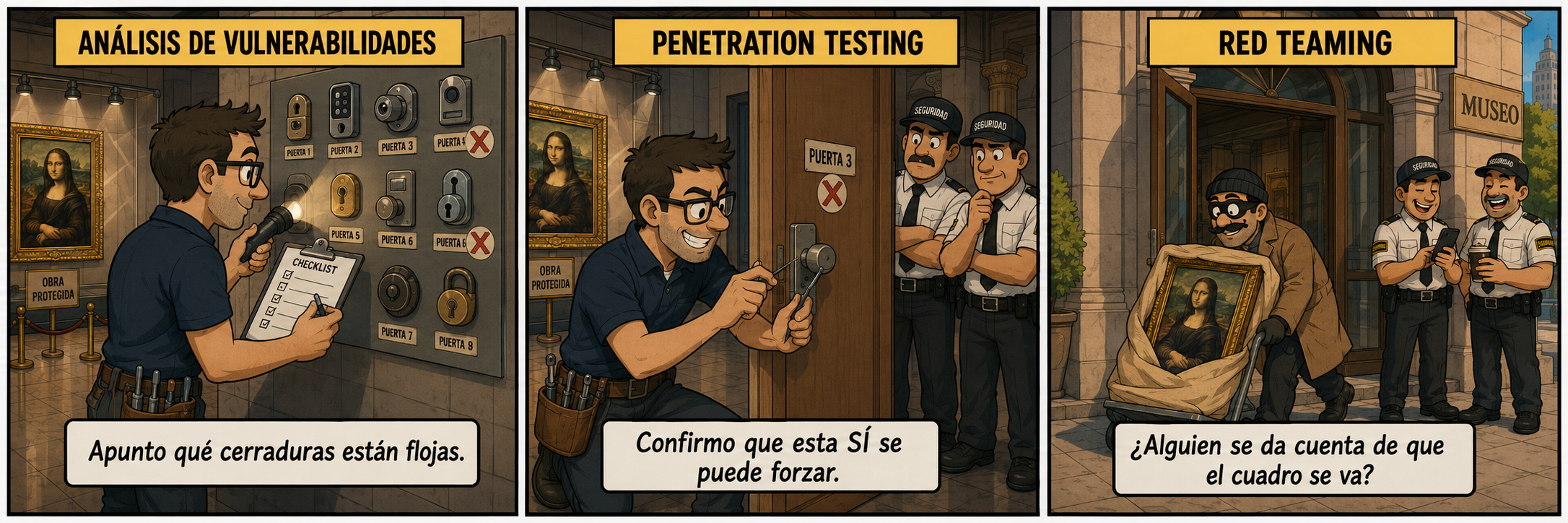 Análisis de vulnerabilidades vs Penetration Testing vs Red Teaming, explicado con la analogía del museo