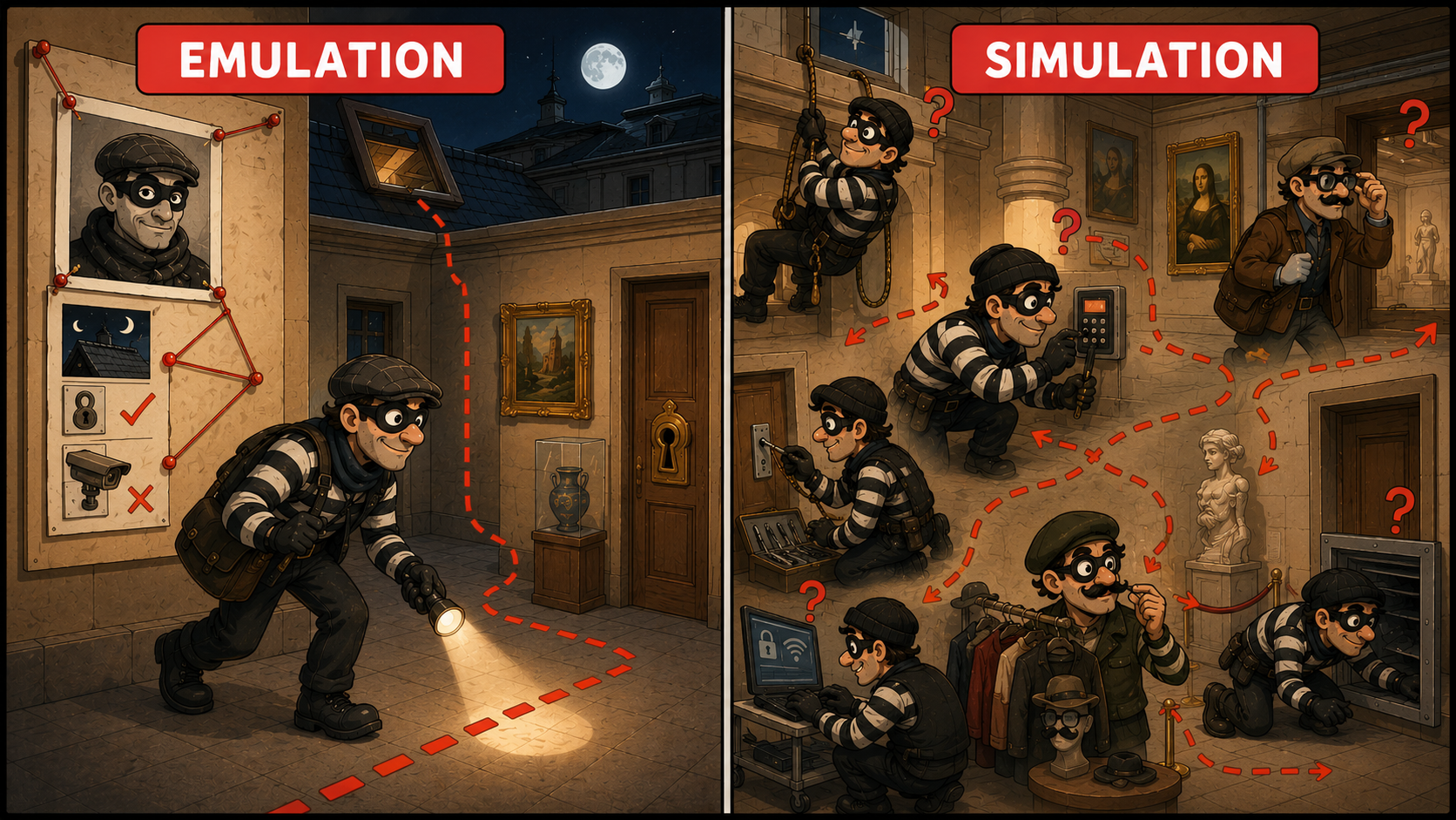 Emulation vs Simulation: emulation follows one specific adversary profile; simulation improvises many approaches