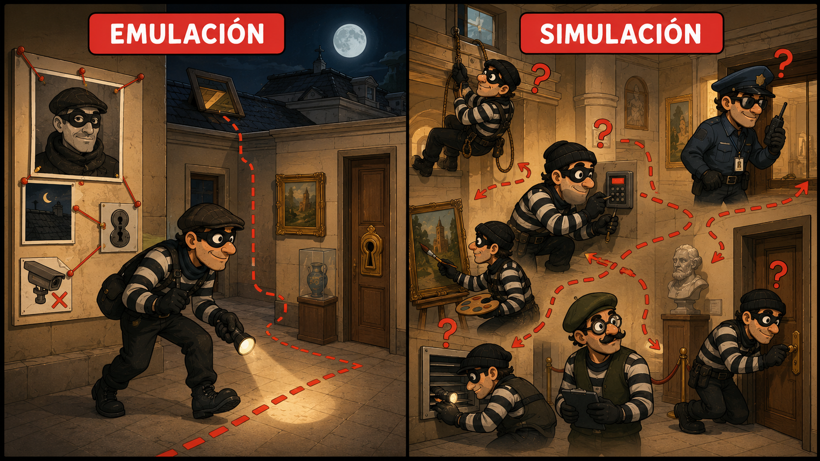 Emulación vs Simulación: emular sigue el perfil de un adversario concreto; simular improvisa muchos enfoques