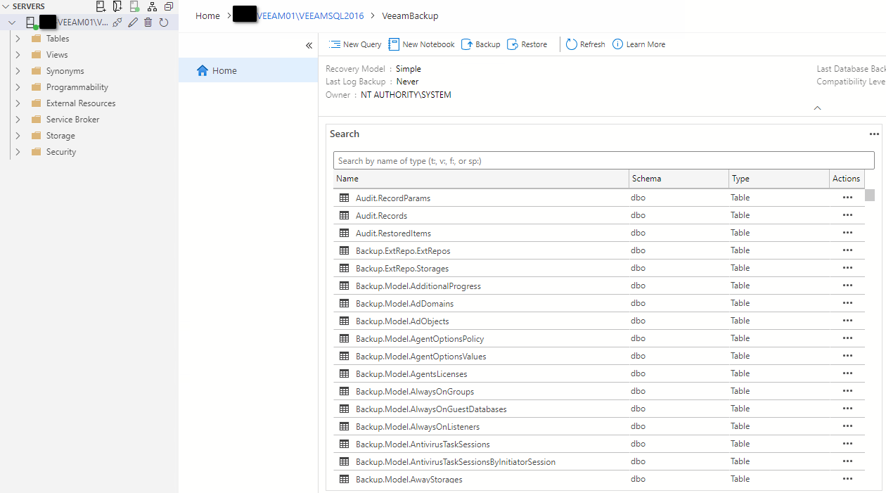 Registry key with the Veeam database configuration