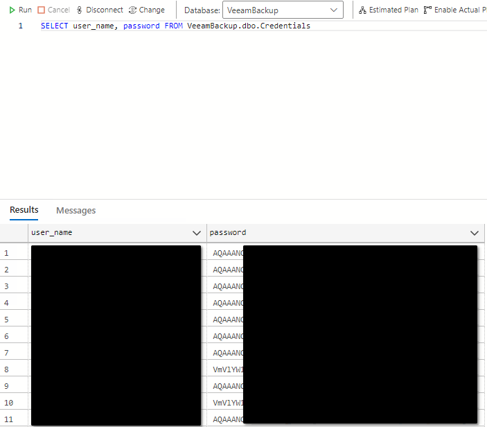 Encrypted credentials stored in the Veeam database
